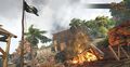 Furniture has been piled out on the street and burned, while a pirate flag flies above the courtyard.