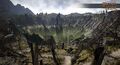 The epicenter of the crater with the remnants of the destroyed wizard’s tower in the center…